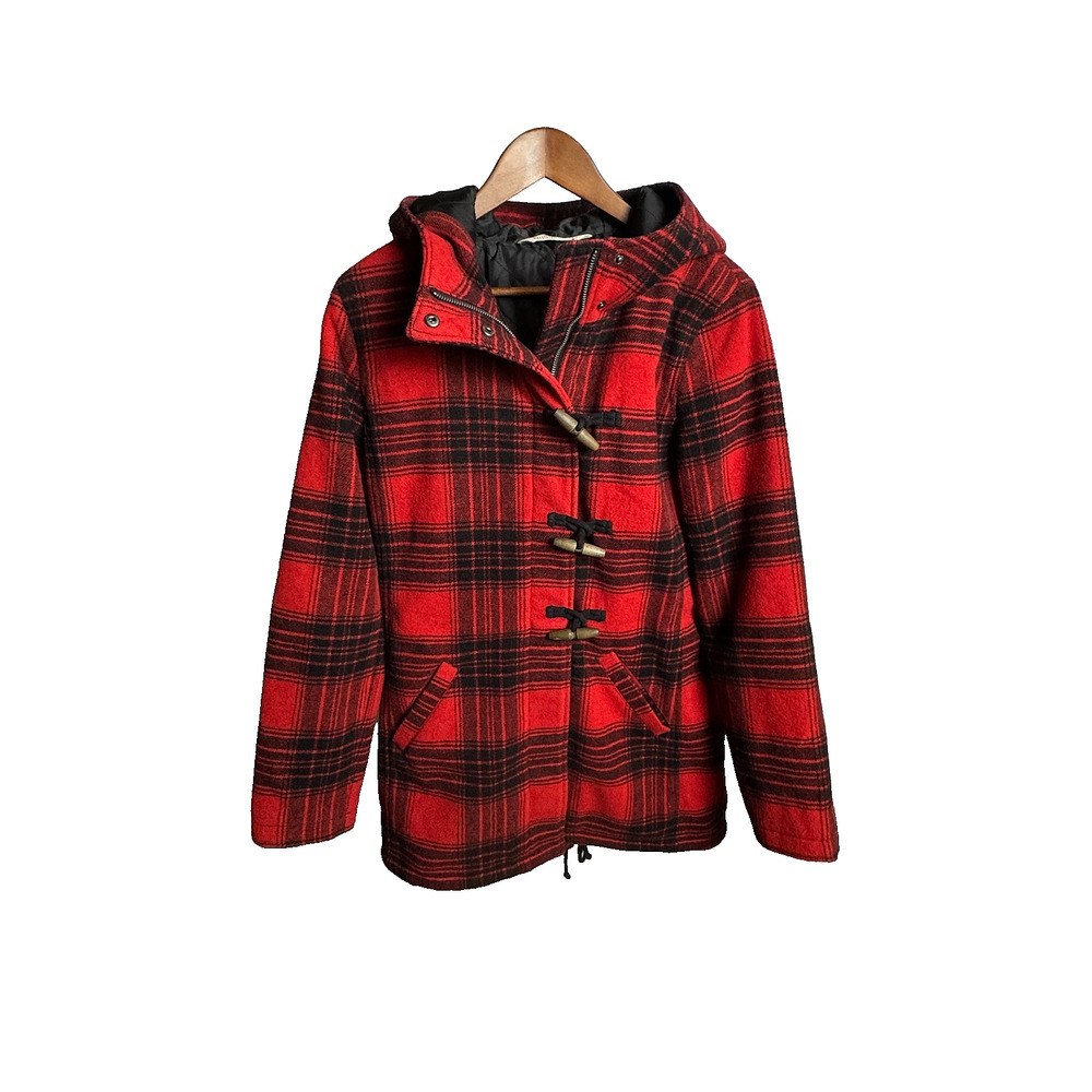 Hollister Women’s Plaid Hooded Duffle Coat Red Black Wool Blend Y2K Size L